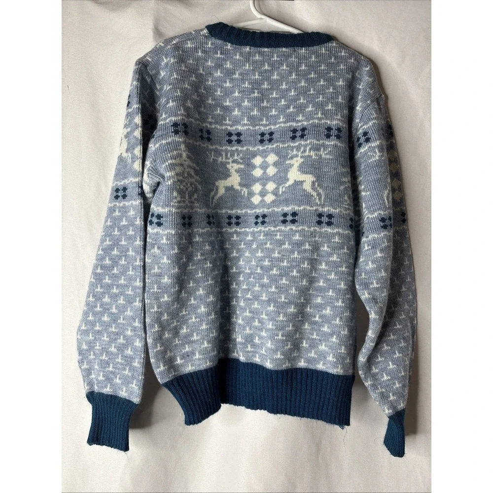 Vtg Perimeter Sweater Youth Medium 12-14‎ Reindeer Holiday Crew Neck Blue White